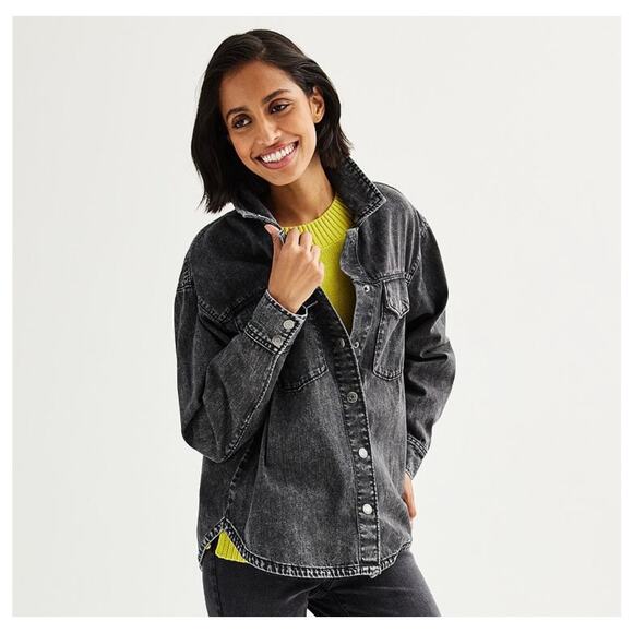 Sonoma Oversized Black Denim Shacket XS Washed Button Down Grunge Casual NWT - Picture 1 of 6